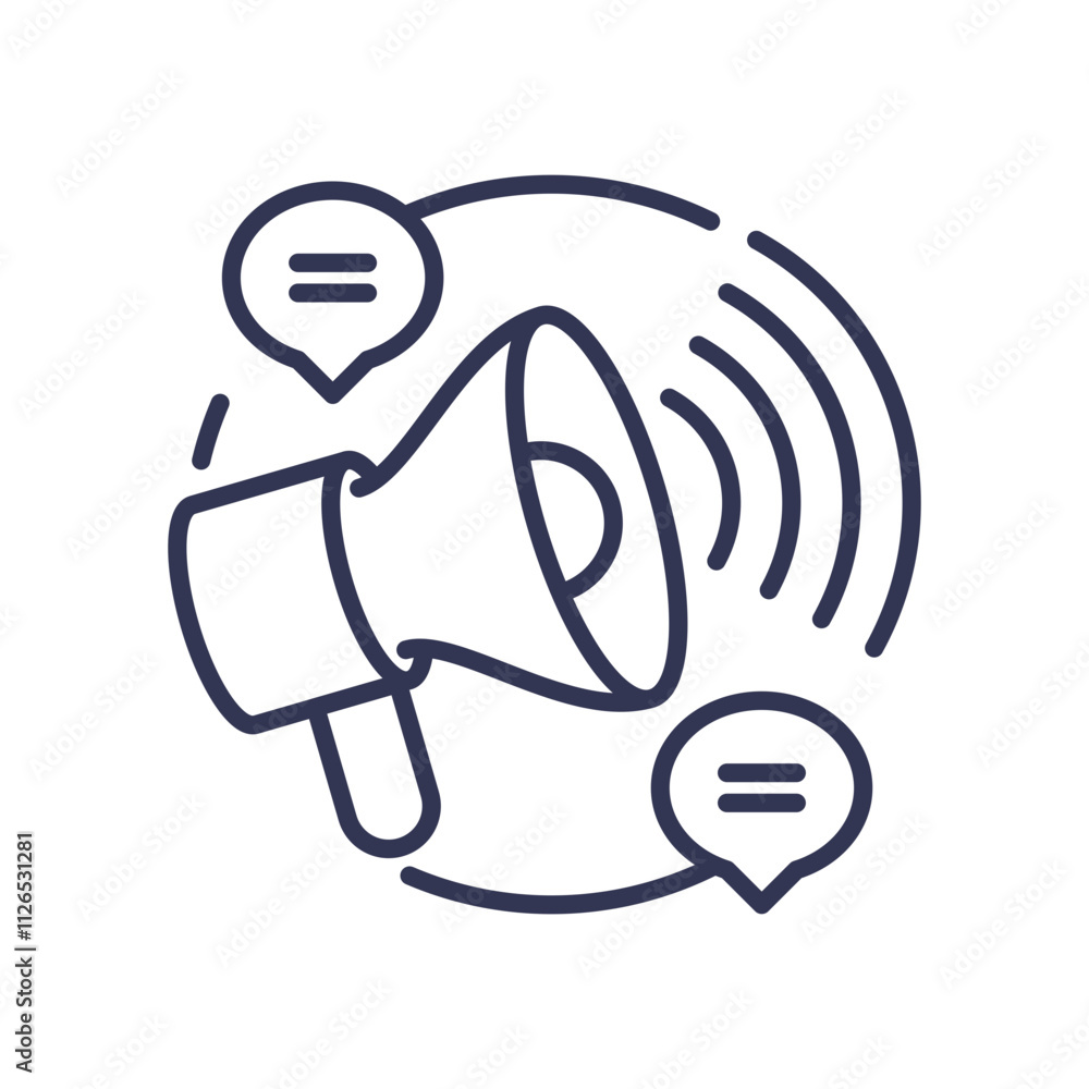 Poster megaphone with speech bubbles symbolizes broadcasting and communication.