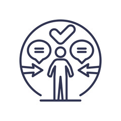 Central figure with speech bubbles and check mark, symbolizing communication and validation.