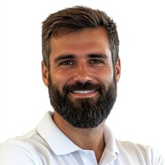 Fototapeta premium Smiling employee on white background, representing workplace happiness, career success, and professional growth.