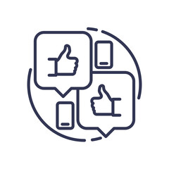 Obraz premium Thumbs up icons and smartphones symbolize positive social media engagement.