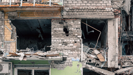 destroyed and burned houses in the city in Ukraine