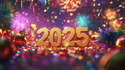 Golden 2025 New Year Celebration on Festive Background, Sparkling Decorations and Joyful Atmosphere