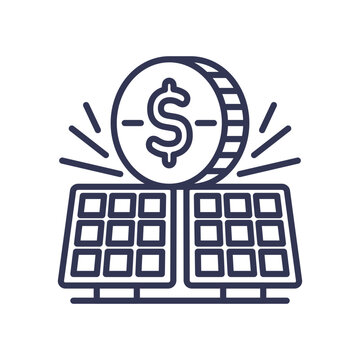 recommend clip art: Solar panels with a dollar sign coin symbolize renewable energy savings.