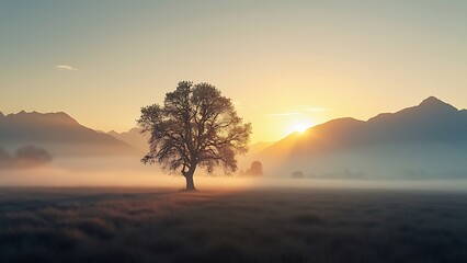 Fototapeta premium solitary tree stands in vast field at sunrise, surrounded by misty mountains