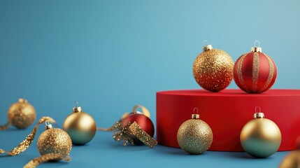 Fototapeta premium A vibrant red platform surrounded by golden Christmas ornaments, set against a bright blue background, perfect for festive designs and promotions