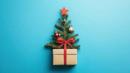 Creative Christmas fir tree made of gift box and holiday decorations on blue background top view. New Year greeting card. Flat lay.