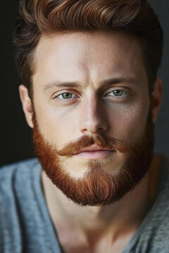 Handsome man with red hair and a full beard poses thoughtfully