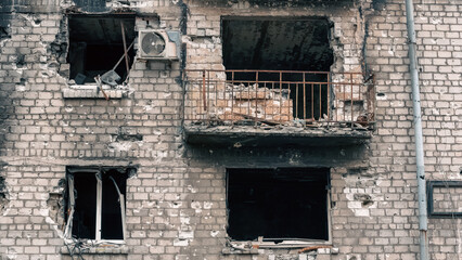 destroyed and burned houses in the city in Ukraine