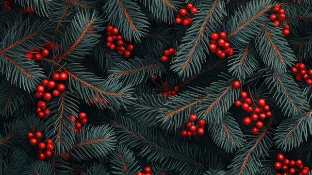 Christmas tree banches and red berries background