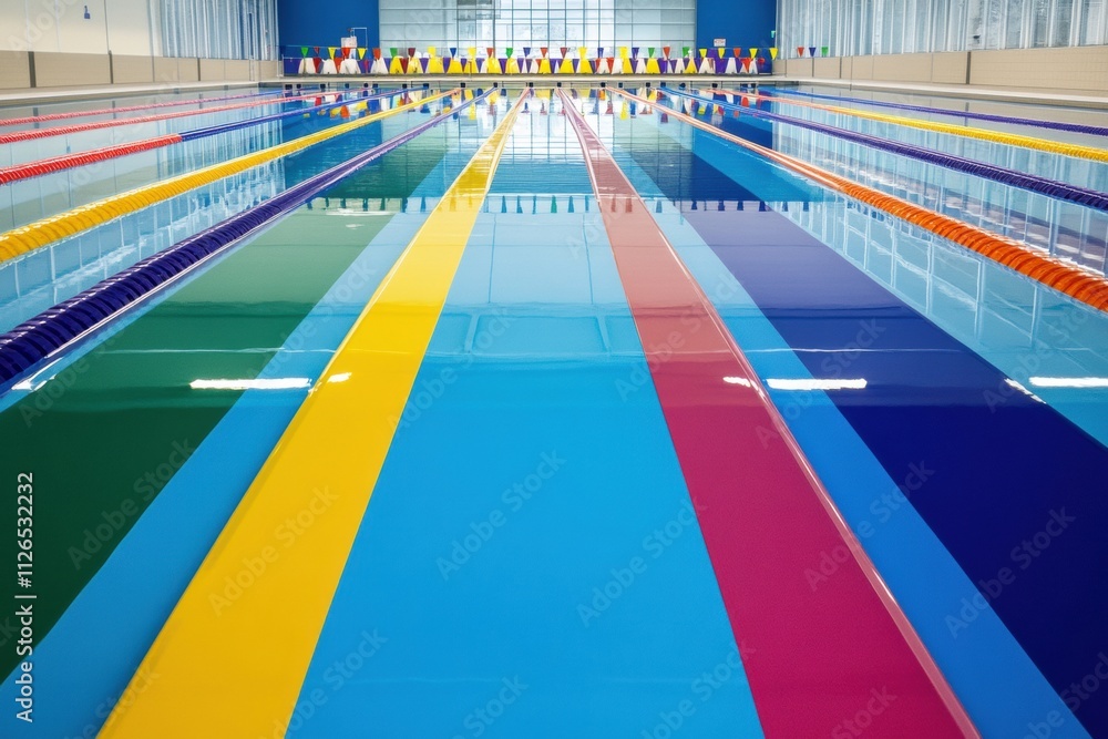 Aufkleber Bright and inviting swimming pool designed for competitive swimming, featuring multiple colorful lanes and ample space for activities. Generative AI