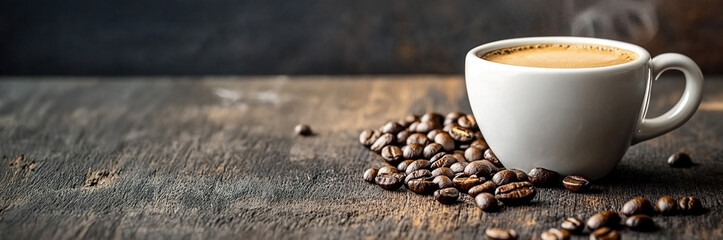 Close-up of steaming coffee cup with roasted beans on rustic wooden table featuring dark textured background