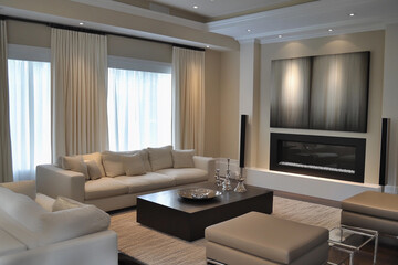 Fototapeta premium Elegant living room with modern decor and fireplace