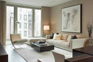 Fototapeta premium Modern living room interior with large windows
