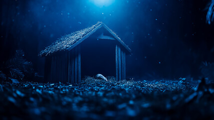 A nativity scene depicting the birth of Jesus Christ in a wooden manger, set against a dark blue night background with copy space for the message "Jesus is the reason for the season."