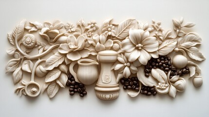 Fototapeta premium coffee plantation motif carving, dimensional floral arrangement, coffee beans and brewing implements, ivory toned wall sculpture, baroque style botanical art