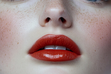 Naklejka premium Close-up of model's lips with bold red lipstick