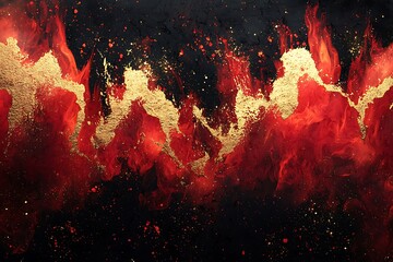 Fiery red splashes with gold gradients on black.