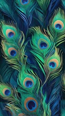 Vibrant peacock feathers with rich greens and blues, intricately detailed against a dark blue background, showcasing natural elegance and beauty.