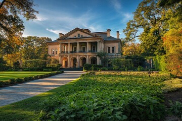 elegant mansion surrounded by lush greenery and blue skies