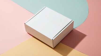 White box on colorful geometric background, showcasing minimalistic design and contemporary aesthetics, ideal for packaging or branding purposes.