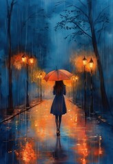 Watercolor, woman with umbrella in the rain, in an urban nightscape.
