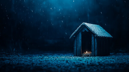 A nativity scene depicting the birth of Jesus Christ in a wooden manger, set against a dark blue night background with copy space for the message "Jesus is the reason for the season."