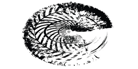 Grunge tire track, wheel braking marks. Truck, car or motorcycle tread pattern silhouette. Auto race, motorsport, speed racing design element.