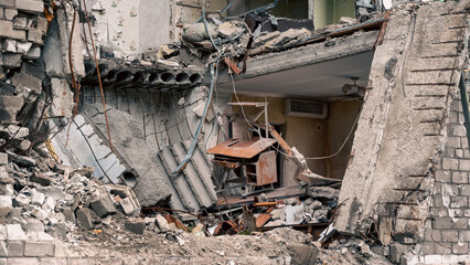destroyed and burned houses in the city in Ukraine