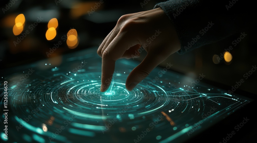 Poster modern technology. businessman choosing with finger analytic diagram with data on transparent screen