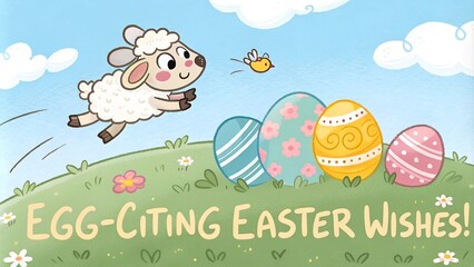 Playful cartoon sheep jumping with colorful Easter eggs and cheerful text