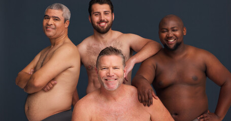 Portrait, body positivity and male friends in underwear with confidence, inclusion and unique identity in studio. Diversity, solidarity and group of men with pride, happiness and grey background