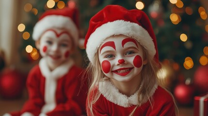 Kids playing with holidaythemed face paint for New Year s, family fun selective focus, playful theme, whimsical, blend mode, living room backdrop