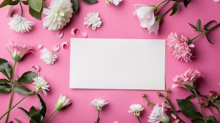 Blank greeting card with cherry blossoms on pink background. Flat lay, top view.