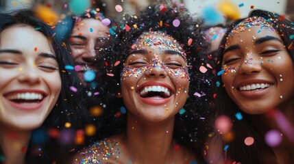 Excited friends laughing and posing with confetti in their hair, New Year s joy close up, playful theme, vibrant, fusion, living room backdrop