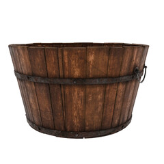 Wooden bucket with metal bands. Rustic, vintage container. © omkuhh