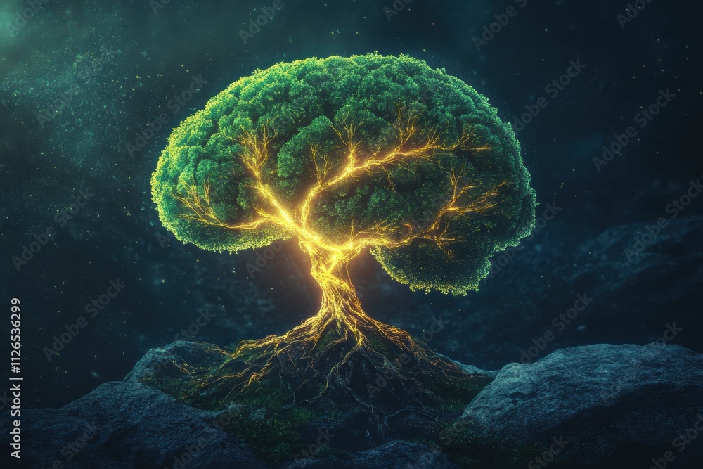 Poster a glowing tree sprouts from a brain, its roots and branches symbolizing the link between knowledge a