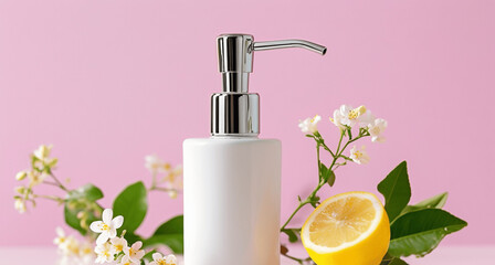 White Dispenser Bottle with Lemon & Flowers, Perfect for a Spring Skincare Product