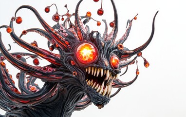 A 3D model of a monstrous creature with multiple tentacles, sharp teeth and glowing red eyes on a white background. 