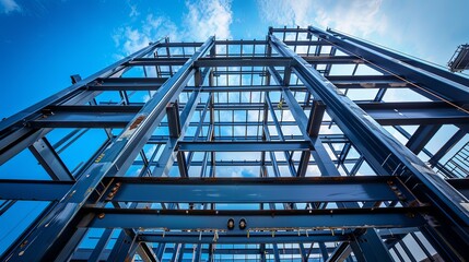 Steel Framework of a Building Under Construction Against a Blue Sky