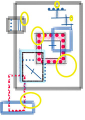 This abstract artwork features a composition of geometric shapes, including circles, squares, rectangles, and triangles. 