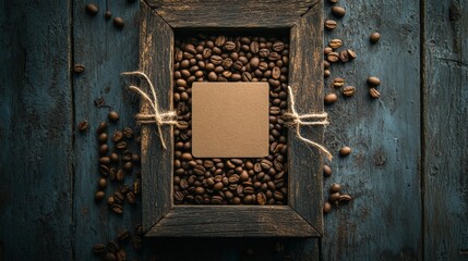 Artisanal coffee beans arranged in organic frame pattern, minimalist wooden price label with twine, weathered wood surface background, macro photography, muted earth tones, overhead view