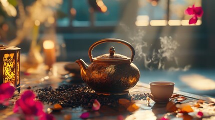 serene tea time with steaming kettle and floral decor