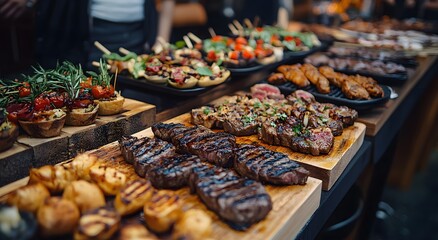 Obraz premium There are delicious and fresh food, fresh vegetables and grilled meat arranged on a table. Amazing elegant catering buffet ideas displaying delicious variety of food, which is very tempting to look at