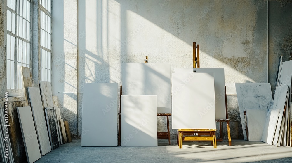 Poster a tranquil art studio with blank canvases stacked neatly against the wall, each one representing pot
