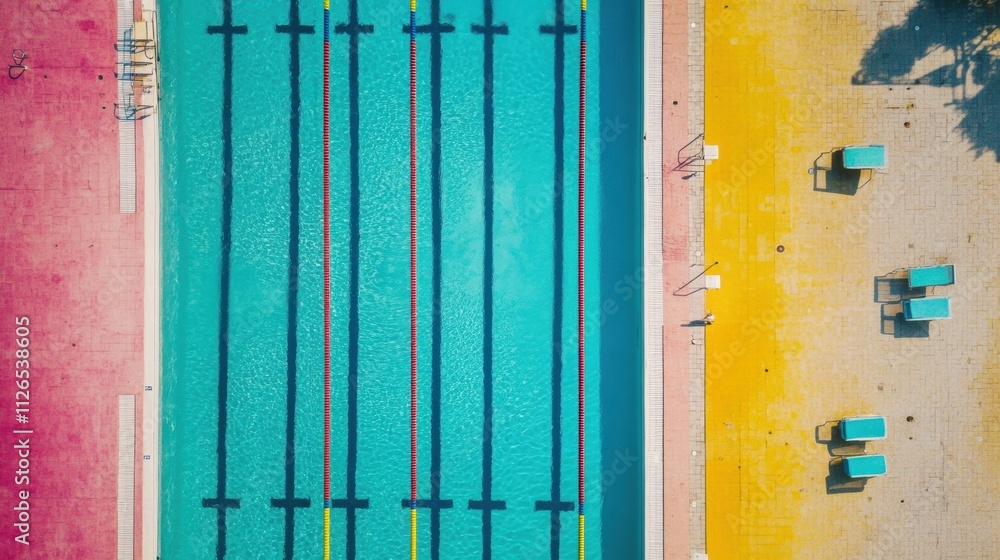 Poster this top-down view showcases a vibrant swimming pool with clearly marked lanes, bordered by colorful