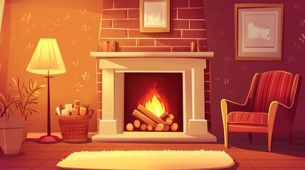 A cartoon illustration of a living room with a fireplace and two armchairs.