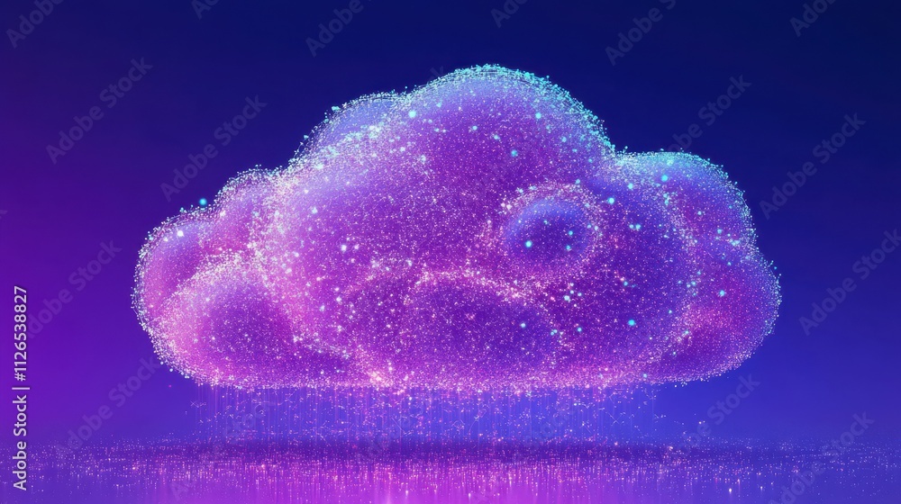 Poster digital clouds representing cloud migration with data points and network connections.