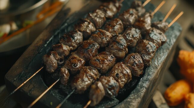 Front view of Ciger Sis with Turkish liver kebap, featuring skewered and grilled liver pieces