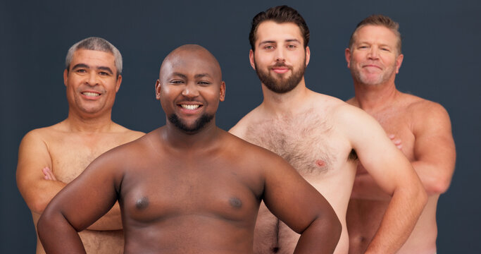 Portrait, body positivity and group of topless happy men for confidence, inclusion or unique identity in studio. Diversity, solidarity and male friends with pride, smile or support on grey background