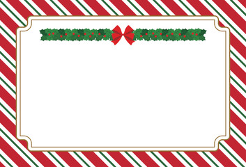 Obraz premium December winter Christmas concept illustration card design. Design with holly and ribbon decorations in an empty frame on a striped pattern background.